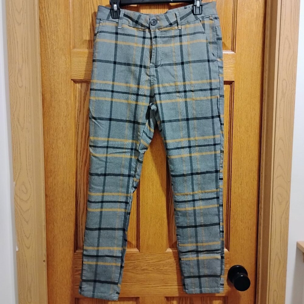 Skinny Fit Size 36 Men's Plaid Pants | Gray Yellow Black